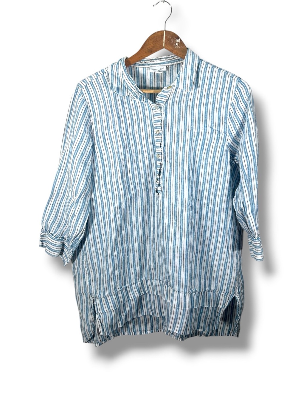 J.Jill Love Linen Blue White Striped Quarter Button Pullover Top Size Large